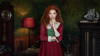 Redhead, Curly, Blonde, Eyes, Girl, Model, Book, Women, Maroon, Color, Dress, Room, Wall, Background Girls HD wallpaper