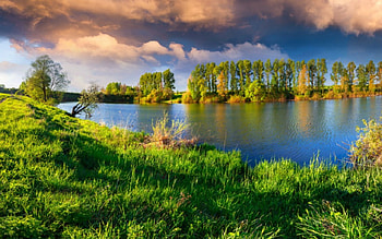 Beautiful scenery, grass, sky, nature, water HD wallpaper