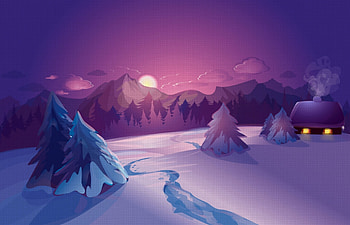 Winter morning, blue, winter, white, morning, house, tree, purple, pink, snow, vector, sun HD wallpaper