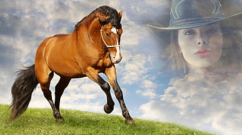 Cowgirl and Her Horse, horse, ranch, cowgirl, clouds, sky, woman, collage, beauty HD wallpaper