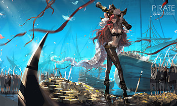 Pirate Ship, Gold, Video Game, League Of Legends, Fantasy, Hat, Long Hair, Miss Fortune (League Of Legends), Pirate, Red Hair, Sword, Weapon HD wallpaper