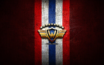 Jorge Wilstermann FC, golden logo, Bolivian Primera Division, red metal background, football, Venezuelan football club, Club Jorge Wilstermann logo, soccer, Venezuelan Primera Division, Club Jorge Wilstermann HD wallpaper