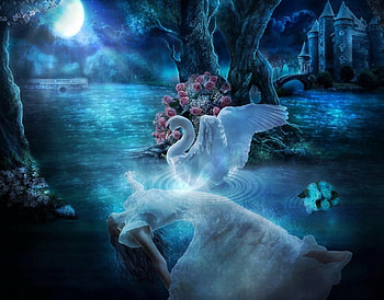 Swan lady, night, blue, dark castle, land, lake, woman, lady, soul, darkness, moonlight, fantasy, magical, swan, fantasy art, water, pond HD wallpaper