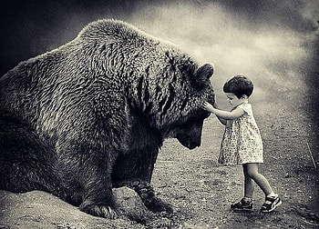 My Friend the Bear, for you Fabry (Grizzly65) :), girl, friend, bear, black and white HD wallpaper