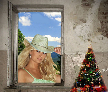 Cowgirl Christmas, holidays, style, windows, fun, famous, cowgirls, ranch, outdoors, trees, western, female, hats, rodeo, fashion, Christmas, sky, models, girls, women HD wallpaper