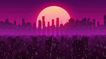 City Lights Buildings Sunrise Moon Dark Purple Sky Vaporwave Vaporwave HD wallpaper