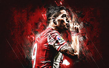 Luis Suarez, Atletico Madrid, Uruguayan football player, red stone background, soccer, La Liga, football, Suarez Atletico Madrid HD wallpaper