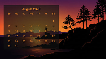 August 2026 Calendar - Coastal Sunset | August 2026 : Sunset Coast Calendar, August 2026 Calendar HD wallpaper