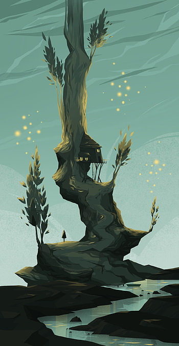 Art, Wood, Tree, House, Loneliness, Particles, Lonely, Alone HD phone wallpaper