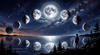 Moon Phases Panorama —, Moon Phases, Moon, Night Sky, Lake, Telescope HD wallpaper