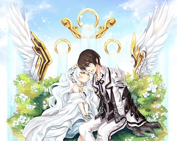 Raven ♡ Eve, lover, cute, angel, dress, nice, feather, couple, game, male, female, handsome, sexy, sweet, hot, eve, girl, romance, raven, anime girl, elsword, boy, anime, video game, pretty, rpg, love, cool, lovely, guy HD wallpaper