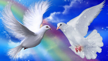 ~*~ Beyond The Rainbow ~*~, blue, rainbow, sky, romantic, doves HD wallpaper