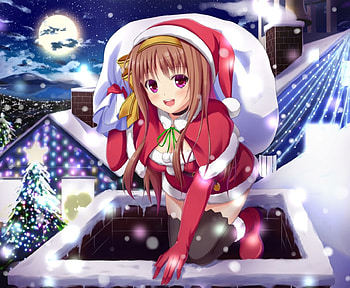 Santa girl, night, full moon, fire place, anime, santa suit, pretty, snow, girl HD wallpaper