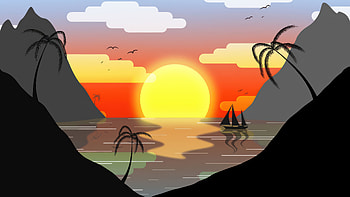 Tropical Sunset Cove, sun, sunset, tree, mountains, artist, artwork, art, digital-art, deviantart HD wallpaper