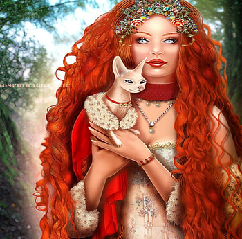 ✫La Princesse Rousse✫, necklace, beautiful girls, digital art, crown, lady, la princesse rousse, weird things people wear, cat, backgrounds, creative pre-made, the redhead princess, jewels, fantasy, manipulation, softness beauty, girls, flowers, women, redhead, model female, hair HD wallpaper