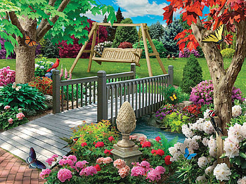 Peaceful Park, artwork, digital, bridge, trees, flowers, swing HD wallpaper