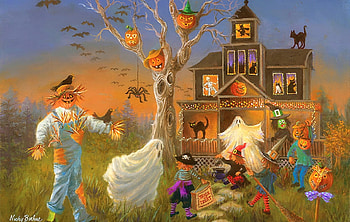 Spooky Halloween, scarecrow, attractions in dreams, cats, spooky, paintings, houses, pumpkins, love four seasons, halloween, holiday, crows, autumn, fall season HD wallpaper