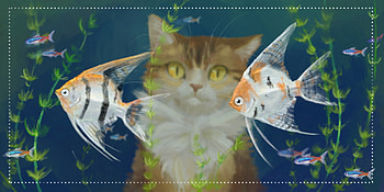 Fish, maria bardysheva, cat, summer, gantasy, fantasy, pisici, pesti, wayer, vara HD wallpaper