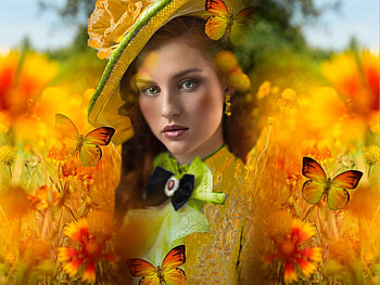 Sunny Yellow, colorful, black, vibrant, girl, orange, dress, butterflies, vivid, bright, green, red, yellow, bold, flowers, hat HD wallpaper