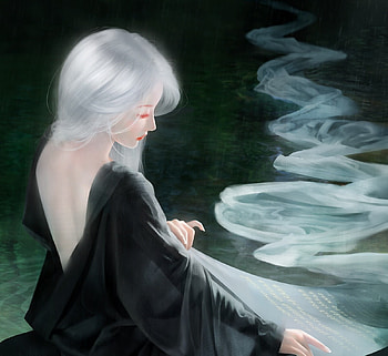 Fantasy girl, white, black, white snake, fantasy, art, girl, hair, water, jason lan HD wallpaper