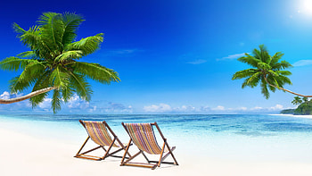 Maldives Beach, trees, palms, sea, sand, lounger HD wallpaper