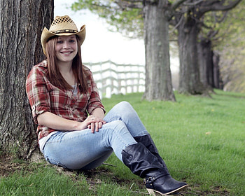 Cowgirl, fences, style, fun, cowgirls, trees, western, female, hats, grass, country, people, fashion, fantasy, sky, models, girls, women, boots HD wallpaper
