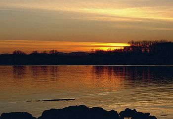 Sunset, trees, river, nature HD wallpaper