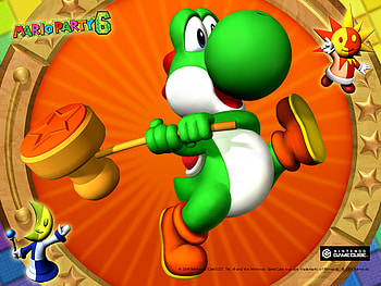yoshi with stamp hammer, stamp, party, yoshi, moon, mario, hammer, sun HD wallpaper