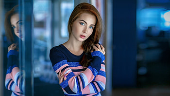 Pretty woman, red head, blue eyes HD wallpaper