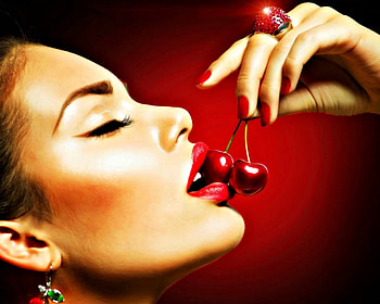 Cherry red, profile, black, model, ring, girl, beauty, hand, anna subbotina, woman, cherry, red, face, fruit, lips HD wallpaper