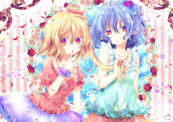 cutie gals, hot girls, blond hair, red eyes, blue hair, shirt, dess, pretty girls, cute girls, touhou, short hair, flowers HD wallpaper