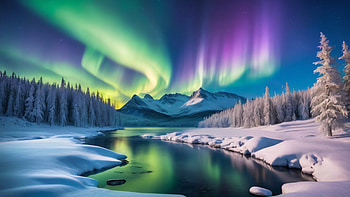 Northern Lights, snow, aurora borealis, lake, mountain, light, Snowy Mountain HD wallpaper