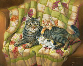 A CONFORTABLE PLACE, cat, sofa, quilt, kittens HD wallpaper