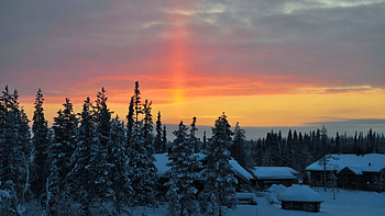 Winter Village at dawn, sky, houses, snow, trees, landscape, colors HD wallpaper