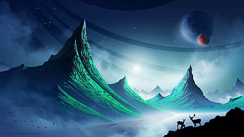 Landscape, Art, Mountains, Night, Deers, Space, Cosmic HD wallpaper