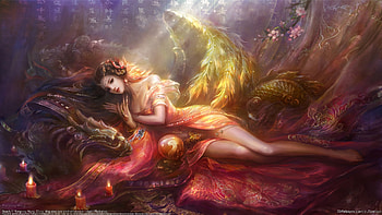 Angel, fantasy, yellow, red, dragon, wings, frumusete, art, gorgeous, superb, rongrong wang HD wallpaper
