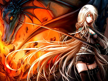 Girl and the dragon, anime, art, bright colors, dragon, girl HD wallpaper
