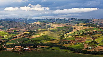 aerial view of the fields around abruzzo, hills, clouds, fields, farms, view HD wallpaper