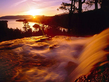 Nature, Sun, Horizon, Waterfall, Flow, Outlines, Evening, Stream HD wallpaper