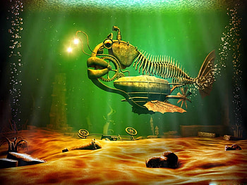 Boat Of Bones !!!, boat, bones, abstract, fantasy, light, green, underwater HD wallpaper
