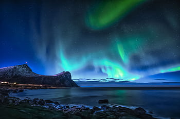 Spectacular northern lights illuminate the night sky over Myrland Fjord, Norway. HD wallpaper