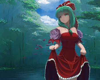 Kagiyama Hina, cute, long hair, dress, wet, , water, pond, female, sexy, ribbon, hot, girl, lake, anime girl, anime, touhou, green hair, gown, forest, green eyes HD wallpaper
