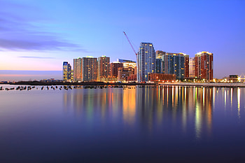 Cities, Rivers, Sunset, Sky, Lilac, Pink, Clouds, Usa, Lights, Reflection, Shine, Light, Skyscrapers, Evening, United States, r, Port, Jersey City, State Of New Jersey, New Jersey State, Hudson HD wallpaper