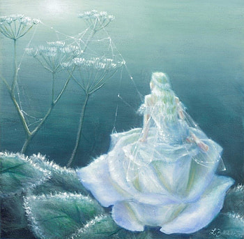Rose fairy, blue, white, art, lynne bellchamber, girl, fairy, rose, painting, fantasy, fower, luminos HD wallpaper