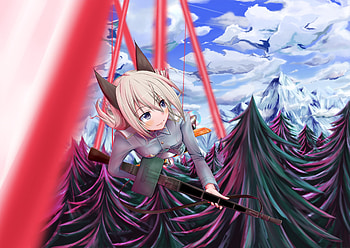 Cant hit me?, blue eyes, uniform, tree, animal ears, weapon, clouds, gun, sky, blonde hair, forest HD wallpaper