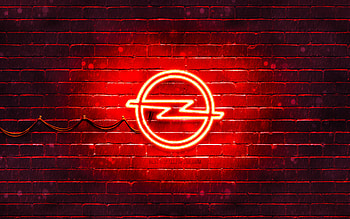 Opel red logo, , red brickwall, Opel logo, cars brands, Opel neon logo, Opel HD wallpaper