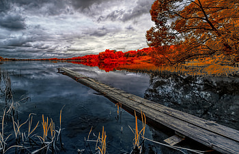Wooden bridge, Water, Clouds, River, Trees HD wallpaper