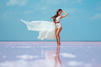 Girl White Dress Brunette Salt Lakes, white-dress, lake, girls, model HD wallpaper