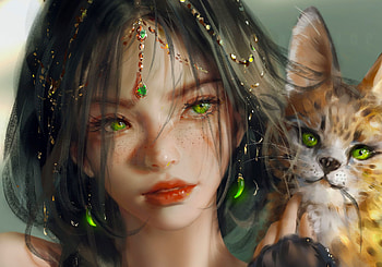 Beautiful Friends, digital, art, fantasy, beautiful, girl, cat, friends HD wallpaper