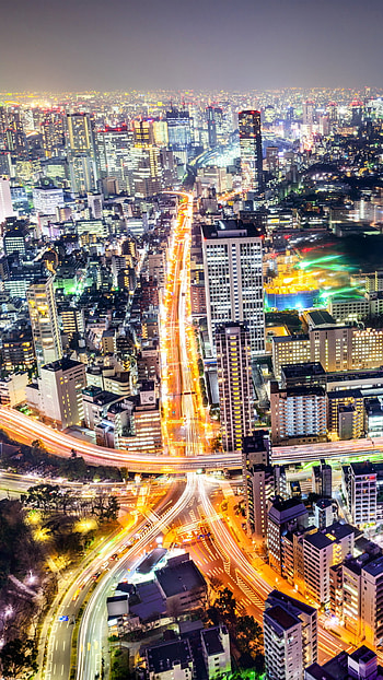 horizon, aerial, time lapse, road, building, light, cityscape, Japan, night, city, man made, Tokyo HD phone wallpaper